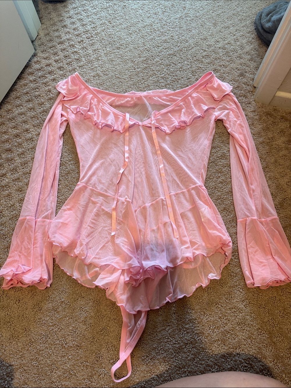 Pink Sheer Ruffled Off-Shoulder Bodysuit